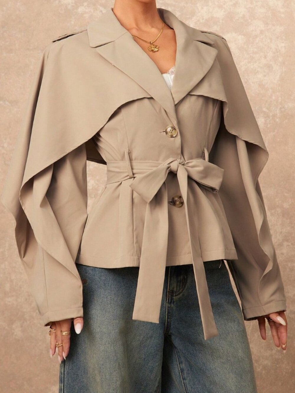 Khaki Elegant Women's Office Shawl Collar Luxury Trench Coat
